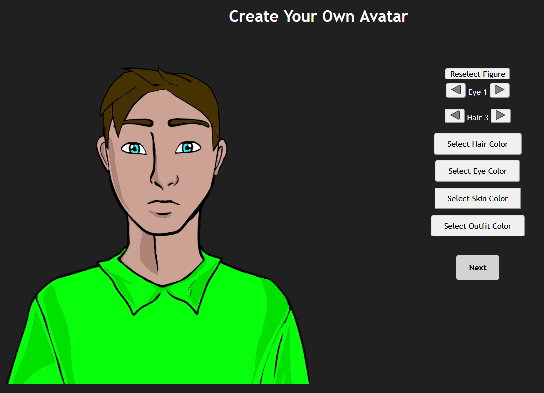 menu showing customizable aspects of the avatar